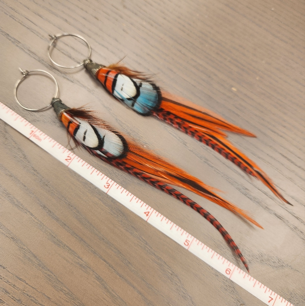 Orange and blue feather earrings